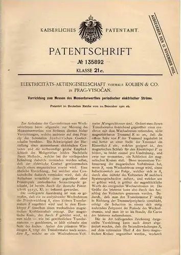 Original Patentschrift - Kolben & Co in Prag - Vysocan , 1901 , Messen von periodischen Strömen , Elektrik , Elektizität