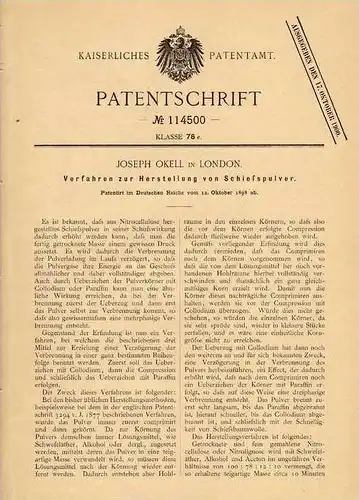 Original Patentschrift - Herstellung von Schießpulver , 1898 , J. Okell in London !!!