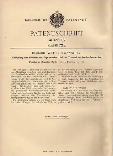 Original Patentschrift - Abdichtung für Revolver , Pistole , 1901 ,R. Goehrt in Mannheim !!!