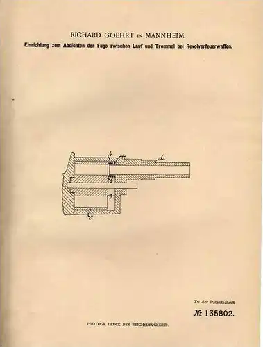 Original Patentschrift - Abdichtung für Revolver , Pistole , 1901 ,R. Goehrt in Mannheim !!!
