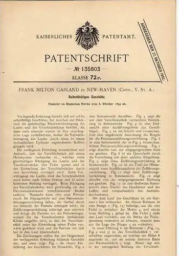 Original Patentschrift - F. Garland in New Haven , 1899 , selbsttätige Kanone , Geschütz !!!