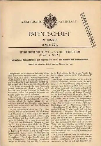 Original Patentschrift - Steel Co. in Bethlehem , 1901 , Bremse für Kanone , Geschütz , Waffe !!!
