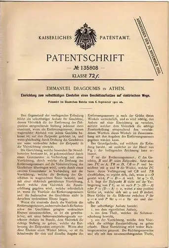 Original Patentschrift - E. Dragoumis in Athen , 1900, Apparat zur Einstellung von Geschützen , Kanone !!!
