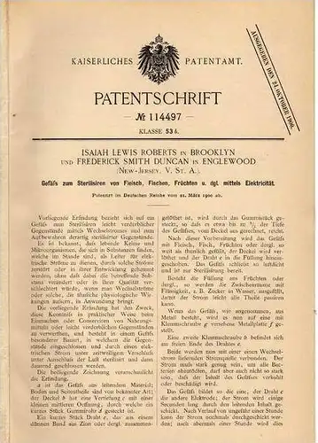 Original Patentschrift - Sterilisator für Fleisch und Fisch , 1900 , F. Duncan in Englewood , sterilisiren !!!