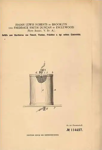 Original Patentschrift - Sterilisator für Fleisch und Fisch , 1900 , F. Duncan in Englewood , sterilisiren !!!