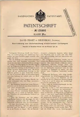 Original Patentschrift - D. Perret in Neuenburg , 1901 , Untersuchung von elektrischen Leitungen !!!