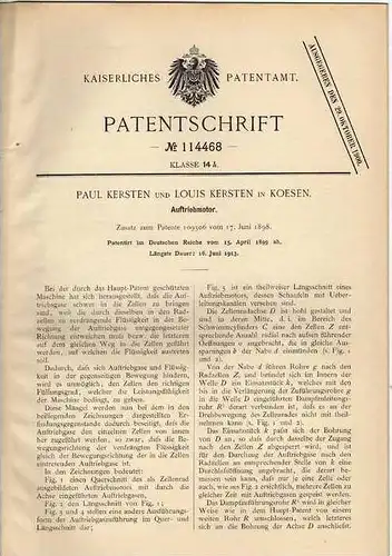 Original Patentschrift - P. Kersten in Koesen , 1899 , Auftriebmotor , Motor !!!