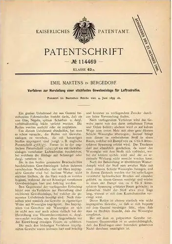 Original Patentschrift - E. Martens in Bergedorf , 1899 , stichfester Reifen , Luftreifen !!!