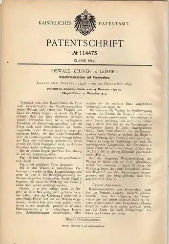 Original Patentschrift - O. Zeuner in Leisnig , 1899 , Käseformmaschine , Käse , Käserei , Molkerei !!!