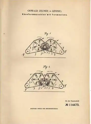 Original Patentschrift - O. Zeuner in Leisnig , 1899 , Käseformmaschine , Käse , Käserei , Molkerei !!!