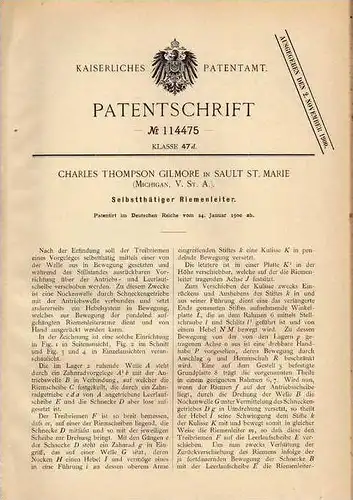 Original Patentschrift - C. Gilmore in Sault St. Marie , 1900 , Riemenleiter  !!!