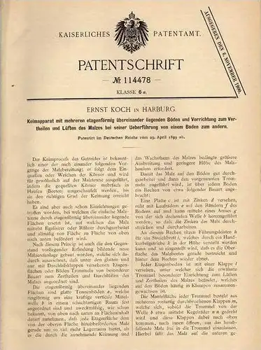 Original Patentschrift - E. Koch in Harburg , Keimapparat , Pflanzen , Gartenbau , Landwirtschaft , Getreide !!!