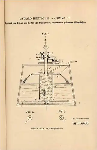Original Patentschrift - O. Hentschel in Grimma i.S.,1899 , Kühlapparat für gährende Flüssigkeiten , Wein , Brauerei !!