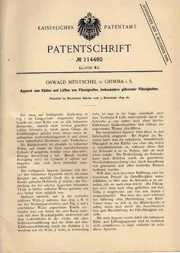 Original Patentschrift - O. Hentschel in Grimma i.S.,1899 , Kühlapparat für gährende Flüssigkeiten , Wein , Brauerei !!