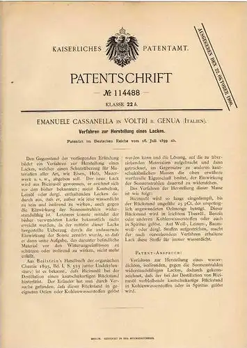 Original Patentschrift - E. Cassanella in Voltri b. Genua , 1899, Herstellung von Lack , Farbe , Lackierung !!!