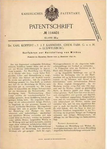 Original Patentschrift - Dr. K. Koppert in Ludwigsburg , 1899 ,  Herstellung von Wichse !!!