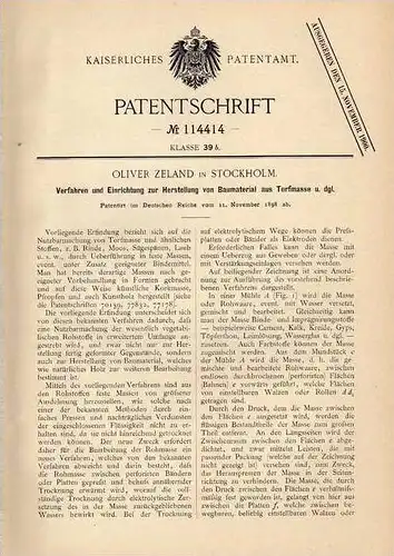 Original Patentschrift - O. Zeland in Stockholm , 1898 , Herstellung von Torf - Baumaterial , Hausbau , Maurer !!!