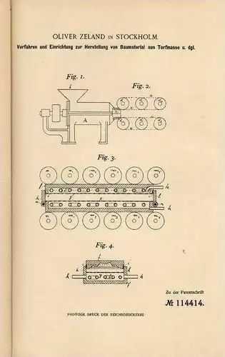 Original Patentschrift - O. Zeland in Stockholm , 1898 , Herstellung von Torf - Baumaterial , Hausbau , Maurer !!!