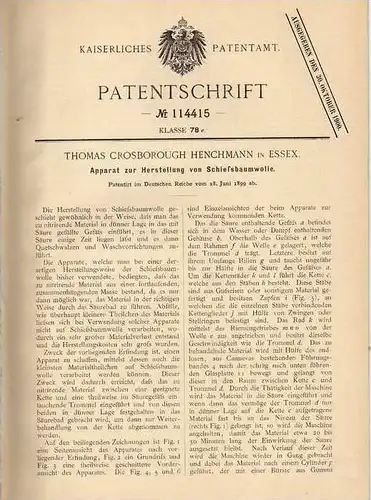 Original Patentschrift - T. Henchmann in Essex , 1899 , Schießbaumwolle Apparat !!!
