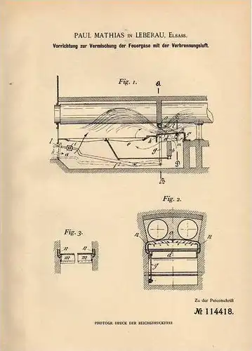 Original Patentschrift - P. Mathias in Leberau , Elsass , 1899 , Feuer - Luft Mischapparat , Ofen , Heizung !!!