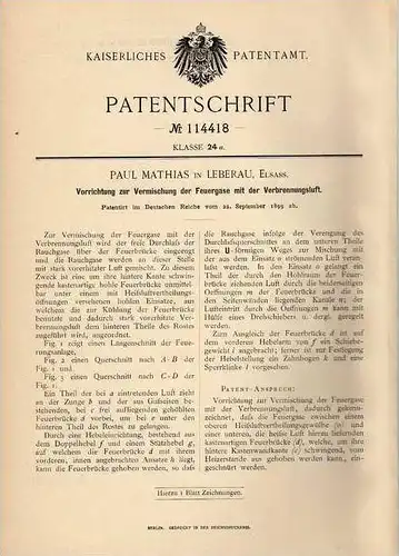 Original Patentschrift - P. Mathias in Leberau , Elsass , 1899 , Feuer - Luft Mischapparat , Ofen , Heizung !!!