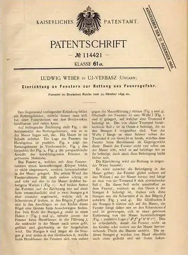 Original Patentschrift - L. Weber in Uj Verbasz , Ungarn , 1899 , Fenster zur Rettung bei Feuer , Feuerwehr , Brand !!!