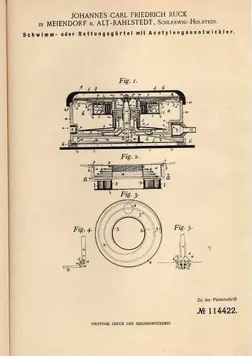 Original Patentschrift - J. Ruck in Meiendorf b. Alt Rahlstedt , 1899 , Schwimm- und Rettungsgürtel mit Gasentwickler !!