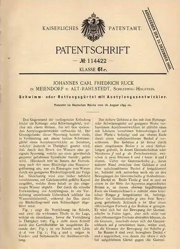 Original Patentschrift - J. Ruck in Meiendorf b. Alt Rahlstedt , 1899 , Schwimm- und Rettungsgürtel mit Gasentwickler !!