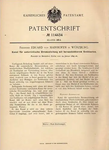 Original Patentschrift - Frhr. E. von Mairhofen in Würzburg , 1899 , unterirdische Stromleitung mit Kasten , Strom !!!