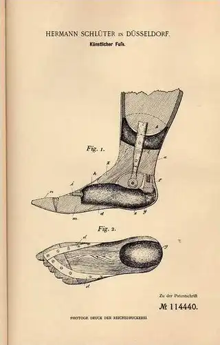 Original Patentschrift - H. Schlüter in Düsseldorf , 1899 , Prothese , künstlicher Fuß , Chirurgie , Medizin , Arzt !!!