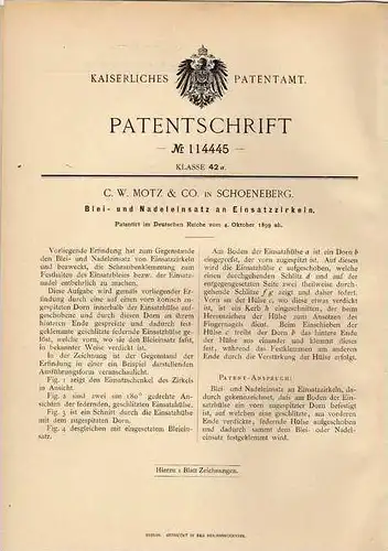 Original Patentschrift - C. Motz & Co in Schoeneberg , 1899 , Zirkel , Geometrie !!!