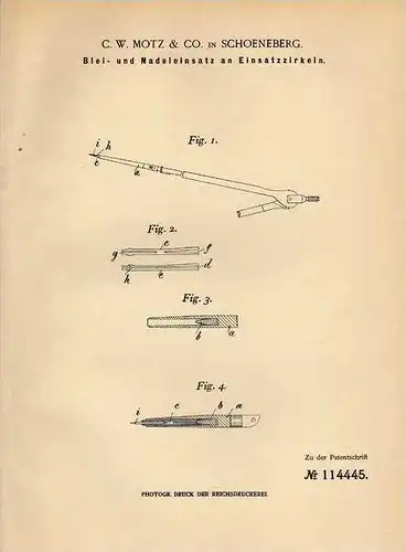 Original Patentschrift - C. Motz & Co in Schoeneberg , 1899 , Zirkel , Geometrie !!!