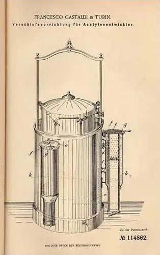 Original Patentschrift - F. Gastaldi in Turin , 1898 , Acetylenentwickler , Acetylen !!!