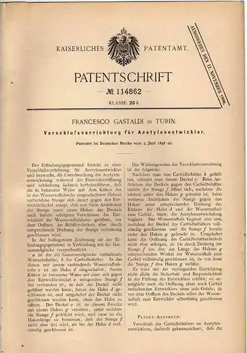 Original Patentschrift - F. Gastaldi in Turin , 1898 , Acetylenentwickler , Acetylen !!!