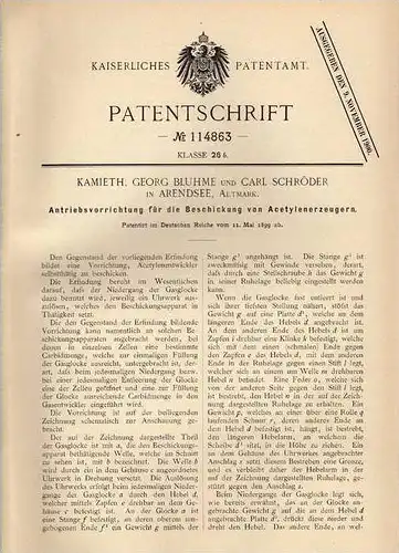 Original Patentschrift - G. Bluhm in Arendsee , 1899 , Acetylenerzeuger , Antrieb , Acetylen !!!