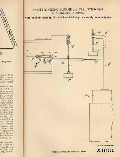 Original Patentschrift - G. Bluhm in Arendsee , 1899 , Acetylenerzeuger , Antrieb , Acetylen !!!