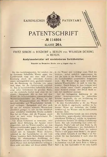 Original Patentschrift - F. Simon in Rixdorf b. Berlin , 1899 , Acetylenentwickler mit Carbidbehälter , Acetylen !!!