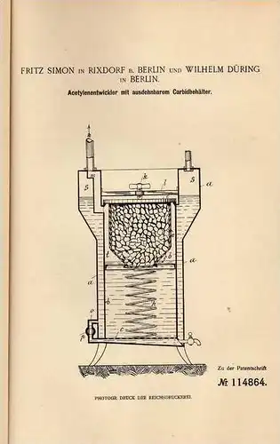Original Patentschrift - F. Simon in Rixdorf b. Berlin , 1899 , Acetylenentwickler mit Carbidbehälter , Acetylen !!!