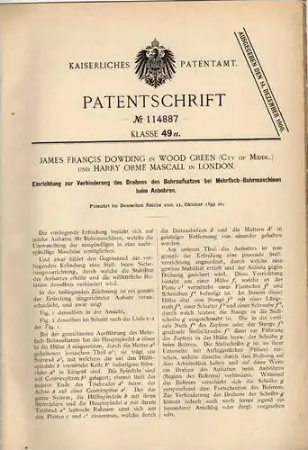 Original Patentschrift - J Dowding in Wood Green , 1899 , Bohrmaschine , Anbohrvorrichtung , Bohrer !!!