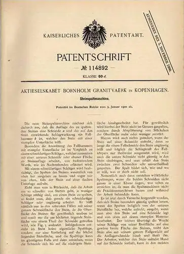 Original Patentschrift - Bornholm Granitvaerk in Kopenhagen , 1900 , Steinspaltmaschine , Bergbau , Bergwerk !!!