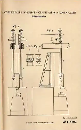 Original Patentschrift - Bornholm Granitvaerk in Kopenhagen , 1900 , Steinspaltmaschine , Bergbau , Bergwerk !!!