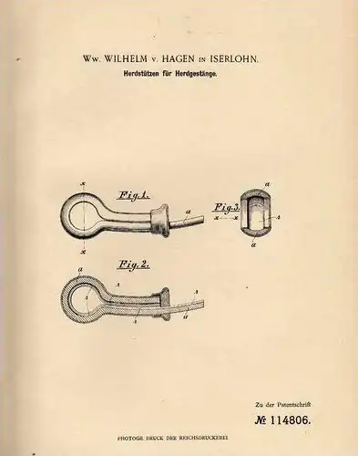 Original Patentschrift - W. von Hagen in Iserlohn , 1899 , Herdstützen , Herd , Küche , Kochherd !!!
