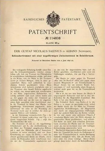 Original Patentschrift - E. Salenius in Albano , Schweden , 1898 , Schleudertrommel , Milch , Butter !!!