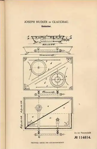 Original Patentschrift - J. Hudler in Glauchau , 1899 , Gaskocher , Kocher , Kochen !!!