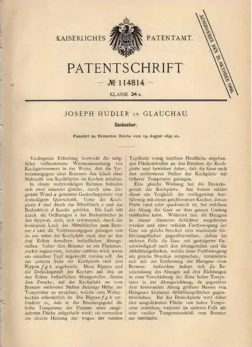 Original Patentschrift - J. Hudler in Glauchau , 1899 , Gaskocher , Kocher , Kochen !!!