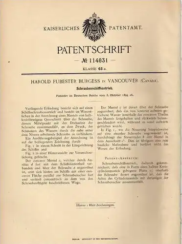 Original Patentschrift - H. Burgess in Vancouver , 1899 , Antrieb für Schiffe , Schiffsschraube!!!