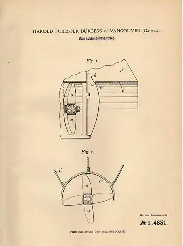 Original Patentschrift - H. Burgess in Vancouver , 1899 , Antrieb für Schiffe , Schiffsschraube!!!