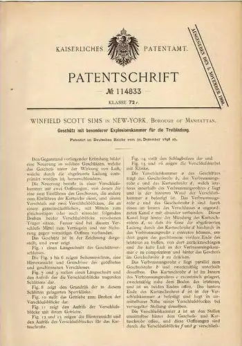 Original Patentschrift - W. Sims in New York , 1898 , Geschütz , Kanone mit besonderer Explosionskammer !!!