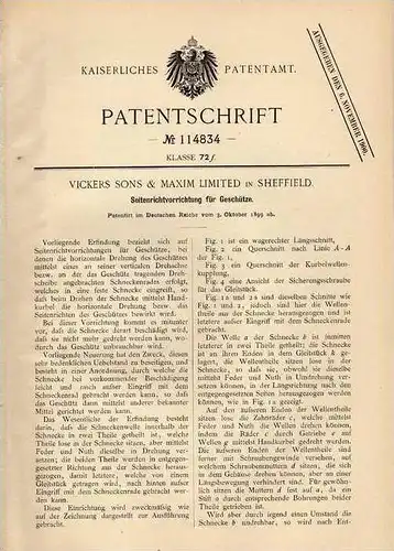 Original Patentschrift - Vickers Sons in Sheffield , 1899 , Richtvorrichtung für Geschütze , Kanone !!!