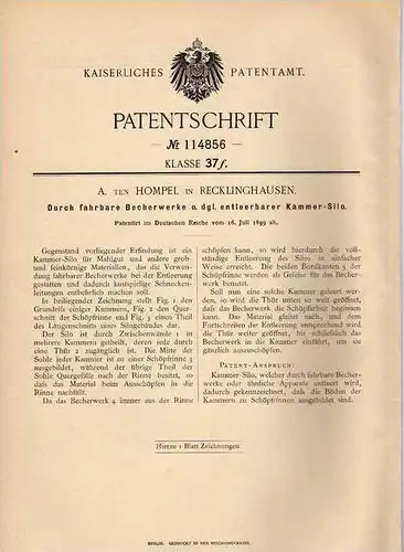 Original Patentschrift - A. Hompel in Recklinghausen , 1899 , fahrbare Becherwerke für Silo , Landwirtschaft , Agrar !!